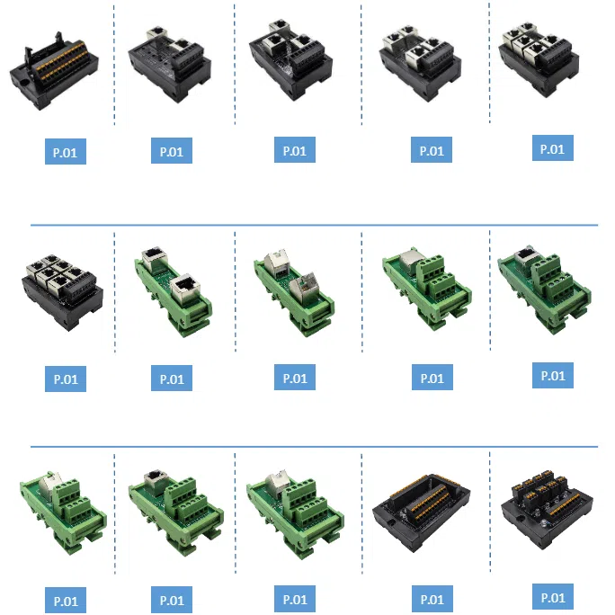 Collage of customizable DIN-rail RJ45 terminal blocks