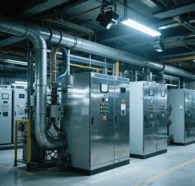 the worker is cleaning or checking industrial control cabinet