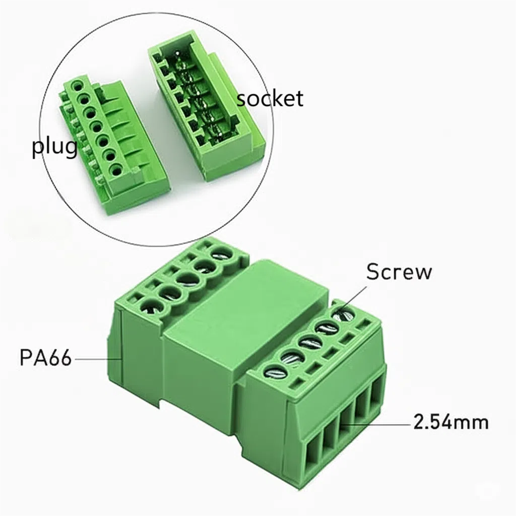 A 2.54mm screw pluggable connector shown in a real-world application on a complex, well-lit PCB.