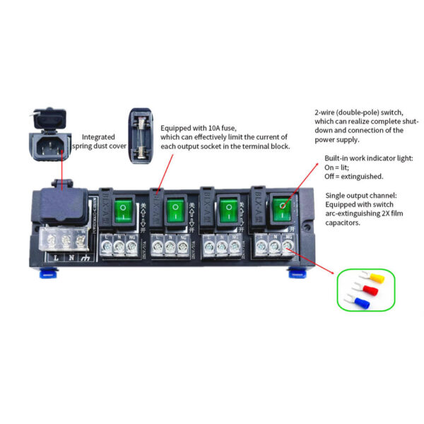 AC distribution terminal block 2 4 6 8-channel DIN rail mounting 10A with independent switch and fuse multi-channel power module - Image 2