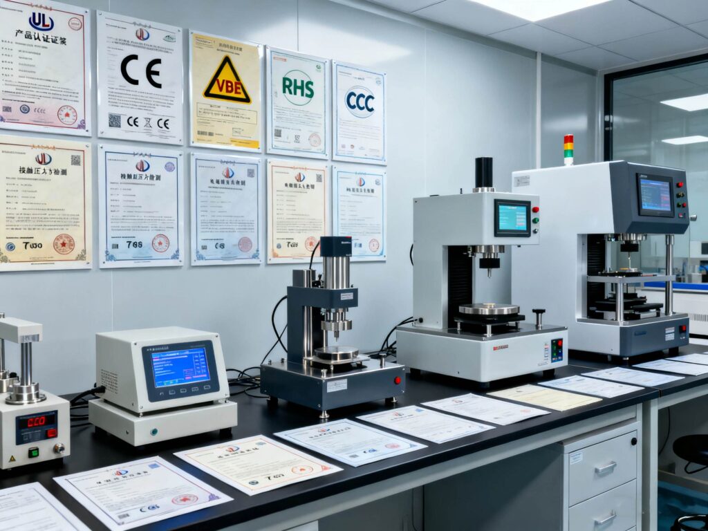 Product certificates, testing equipment, or QA lab scene