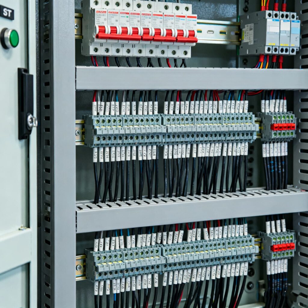 ST terminal blocks installed in electrical control cabinets for safe and efficient wiring